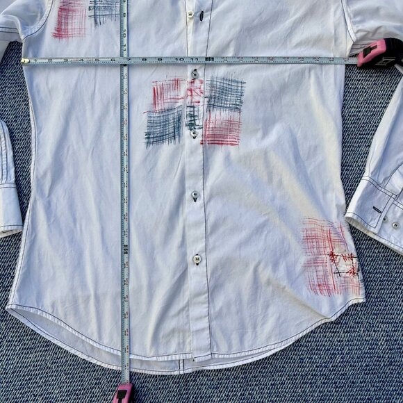 7 Diamonds Mens Long-Sleeve Button-Up Shirt With Red & Blue Abstract Print Retro - Picture 6 of 7